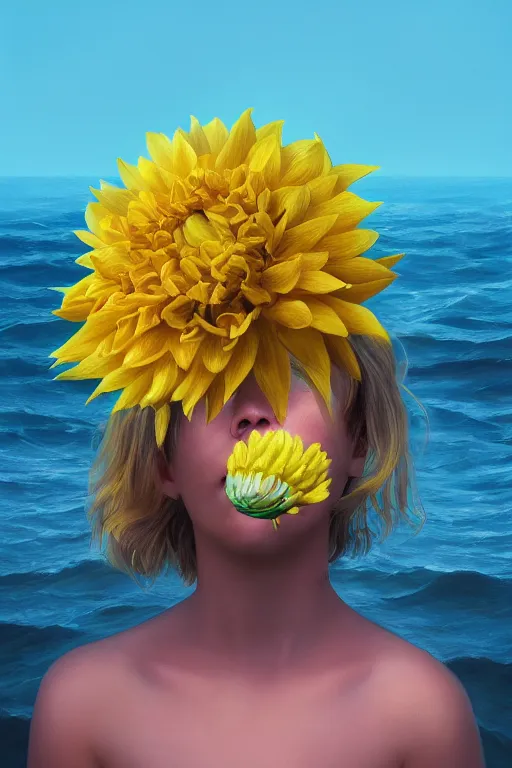 Prompt: closeup girl with huge yellow dahlia flower on face, on beach, surreal photography, blue sky, sunrise, dramatic light, impressionist painting, digital painting, artstation, simon stalenhag