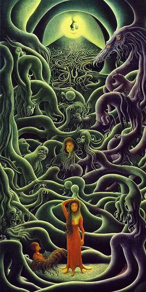 Image similar to mythical creatures and monsters in the imaginal realm of the collective unconscious, in a dark surreal painting by johfra, mc escher and ronny khalil