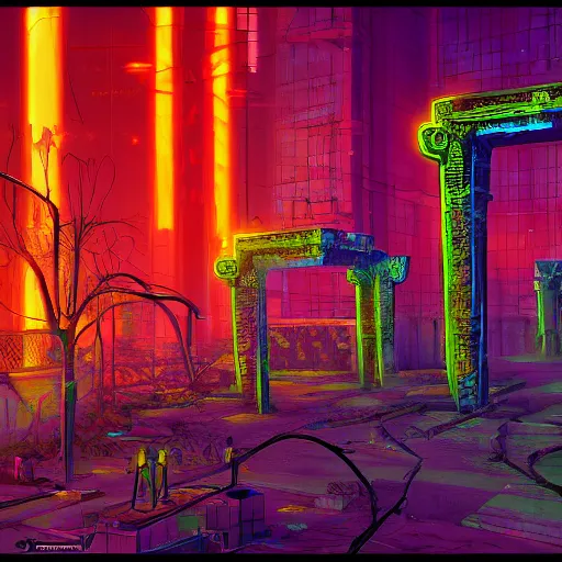 Image similar to neon ancient ruins,digital art retrowave art,trending on art station