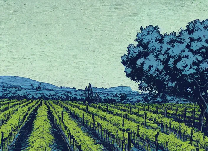 Image similar to blue woodcut vineyard landscape by greg rutkowski, fine details, highly detailed