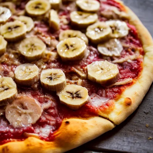 Prompt: a 5 0 mm macro shot of a banana pizza, depth of field, high resolution