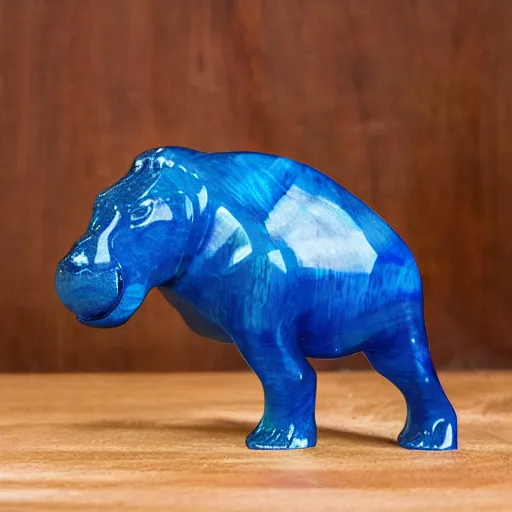 Prompt: a small smooth hippo statue carved from natural wood, dipped in polished blue epoxy resin, seamless organic edges, mixed materials, side view