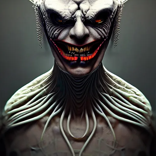 Prompt: giger fractal spider joker portrait, digital art, trending in artstation, cinematic lighting, studio quality, smooth render, unreal engine 5 rendered, octane rendered, art style by klimt and nixeu and ian sprigger and wlop and krenz cushart.