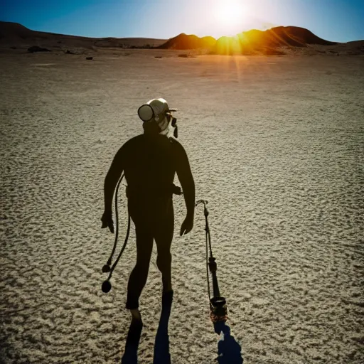 Image similar to a scuba diver walking in the desert, photography, highly detailed, high quality, 8 k, soft lighting,