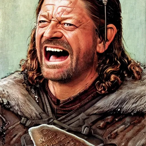 Prompt: ned stark screaming by norman rockwell