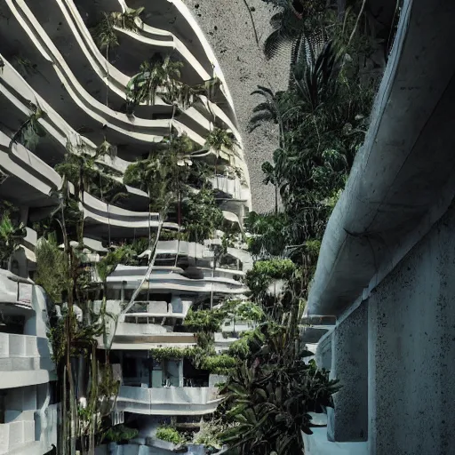 Prompt: noisy color photograph of a concrete underground retrofuturist liminal space, staggered terraces, palm tree growing out of concrete, deformations, minimalist, cinematic, soft vintage glow