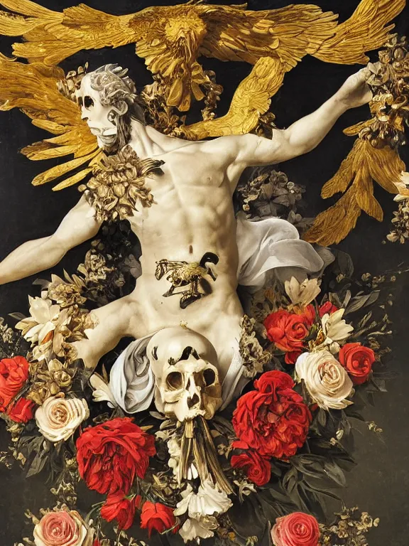 Prompt: a falling icarus with black wings in the form of a Greek sculpture with a mask in the form of golden bird skull and wreath of flowers, roses in hands, dressed in a flower dress, lie on a golden stone, silk, fabric, birds, flowers. baroque elements, human skull. full-length view. baroque element. intricate artwork by caravaggio. many many birds birds on background. Trending on artstation. halo. octane render, cinematic, hyper realism, octane render, 8k, depth of field, bokeh. iridescent accents. vibrant. teal and gold and red colour scheme