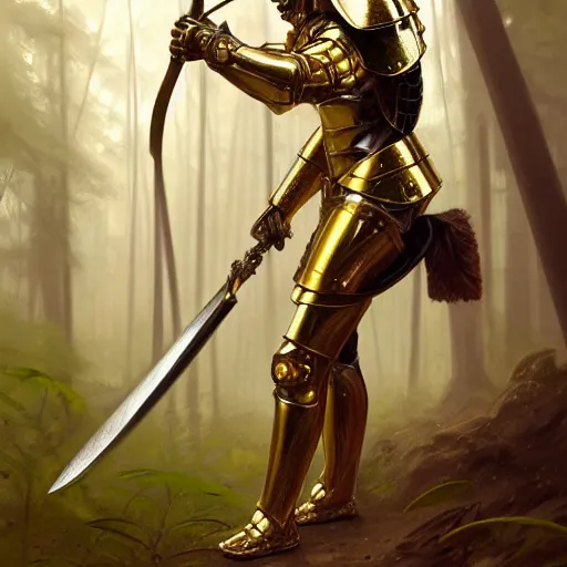 Image similar to photo of a humanoid chameleon dressed in armor with a golden helmet on the head, hold sword in the forest, highly detailed, digital painting, artstation, smooth, sharp focus, illustration, art by artgerm and greg rutkowski and alphonse mucha