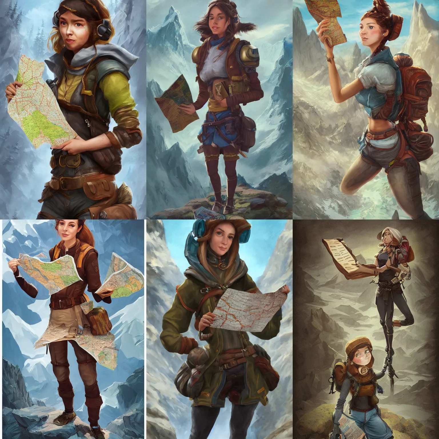 Prompt: A portrait of a female explorer holding a map, full body shot, fantasy, mountainous terrain, action shot, trending on artstation