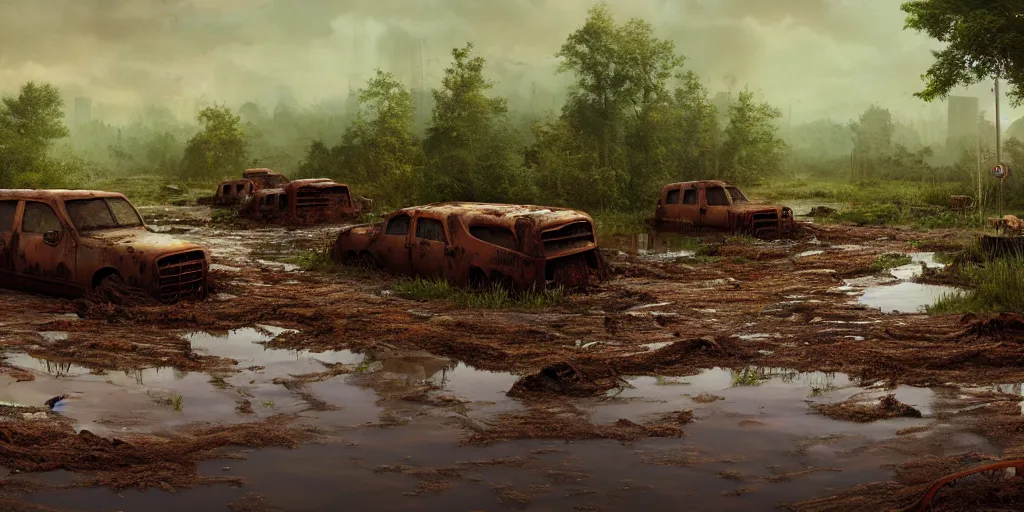 Prompt: a muddy swamp littered with rusted submerged cars and vegetation covered construction equipment, narrow wooden walkway, game art matte painting hyperdetailed, artstation, cgsociety, 8k, surreal dream landscape