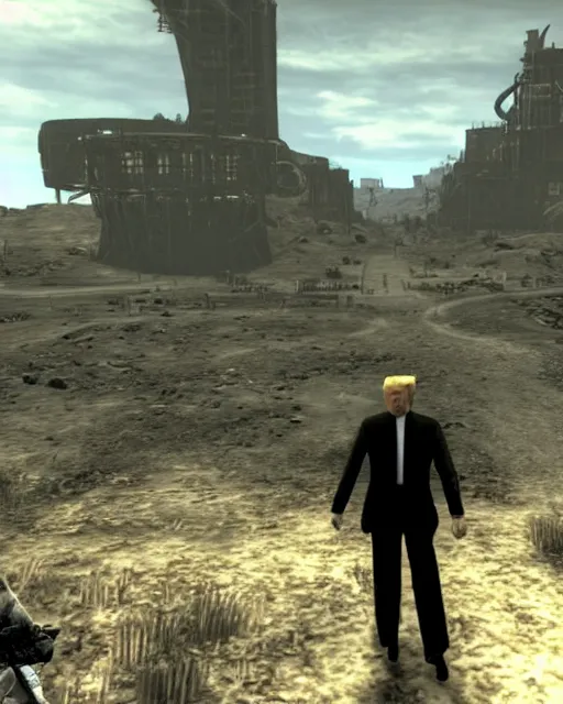 Image similar to Trump in Fallout New Vegas, gameplay screenshot, mid-shot