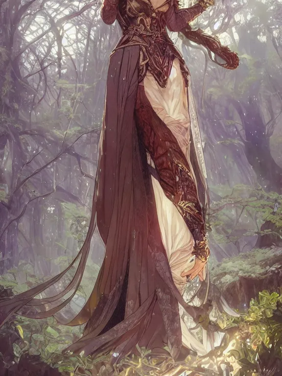 Image similar to anime key visual of amora the enchantress wearing a medieval gown!! intricate, magical forest, stunning, highly detailed, digital painting, artstation, smooth, hard focus, illustration, art by artgerm and greg rutkowski and alphonse mucha