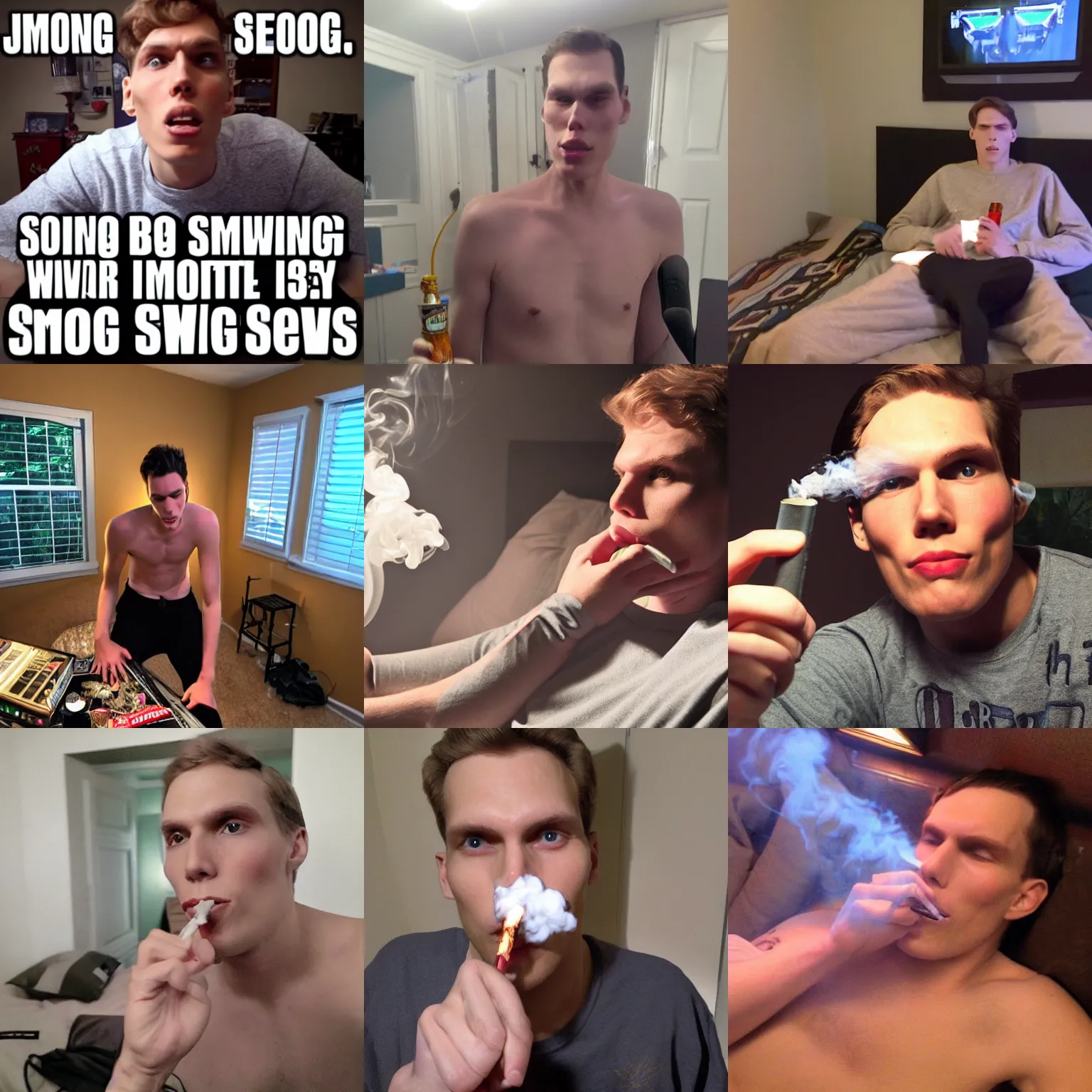 Prompt: jerma 9 8 5 smoking weed in his bedroom