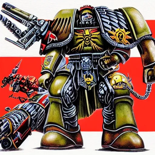 Prompt: anti - communist propaganda banner painting a space marine from warhammer 4 0 k fighting xenos written'defend the imperium'on the top, written'from xeno menace'on the bottom, warhammer 4 0 k, anti - communist banner, hightly detailed, digital art, illustration