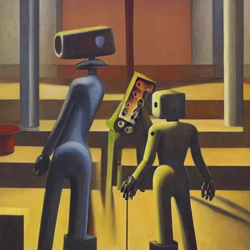 Image similar to drab human workers building robots, watched by evil fascist overlords, brutalist factory chapel, dystopian, pj crook, edward hopper, oil on canvas