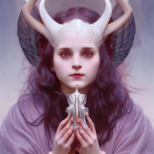 Prompt: Portrait of beautiful pale demonic girl with devil\'s horns and nimbus, cinematic lighting, intricate, elegant, highly detailed, digital painting, artstation, smooth, sharp focus, illustration, art by artgerm and greg rutkowski and alphonse mucha and Wayne Barlowe and william-adolphe bouguereau