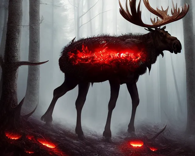 Prompt: 5 5 mm portrait photo of an armored demonic burning moose with red eyes antlers and looking at the camera, in a magical forest. magical atmosphere. art by greg rutkowski and luis royo. highly detailed 8 k. intricate. lifelike. soft light. nikon d 8 5 0.