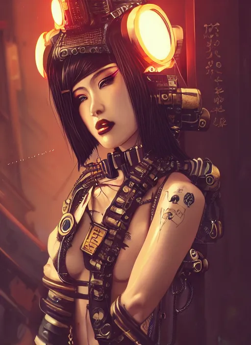 Image similar to soft lustrous ebony geisha seductive raver gutter punk steampunk cyborg, yakuza, golden ratio, details, scifi, fantasy, cyberpunk city, intricate, decadent, highly detailed, octane render, digital painting, artstation, concept art, sharp focus, illustration, art by artgerm, loish, wlop
