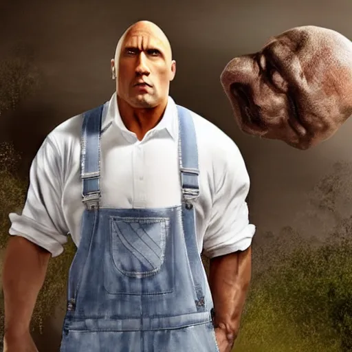 Prompt: a big old fancy man named the rock he is here to help clean your post modern living room a bunch of clorox bleach in his overalls photo realistic cinematic lighting