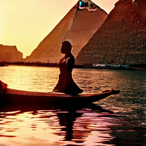 Prompt: egypt woman relaxing on river, coloured historic photo, sunset