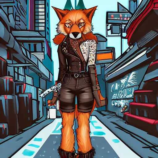 Image similar to beautiful furry art portrait digital art commission of a furry anthro wolf fursona wearing punk clothes in the streets of a cyberpunk city. character design by rick griffin, miles df