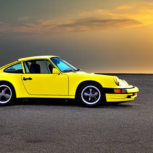 Image similar to a yellow 1 9 8 5 porsche 9 1 1 turbo, palm beach swimming pool, sunset, hyperreal, 4 k