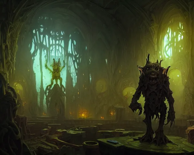 Image similar to 4 k cinematic still portrait of a goblin in a dark liminal space room, nurgle, deep focus, d & d, fantasy, intricate, repulsive, highly detailed, digital art, art station, concept art, matte, sharp focus, illustration, dark fantasy art, hearthstone, art by artgerm and greg rutkowski and alphonse mucha