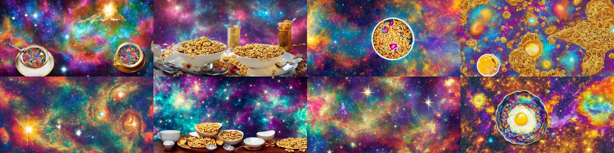 Prompt: a picture of a breakfast table with a cereal bowl filled with a nebula, highly ornate, detailed, colorful