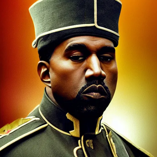 Image similar to kanye west as muammar kadhafi and emperor napoleon, splash art, movie still, detailed face, cinematic lighting, dramatic, octane render, long lens, shallow depth of field, bokeh, anamorphic lens flare, 8 k, hyper detailed, 3 5 mm film grain