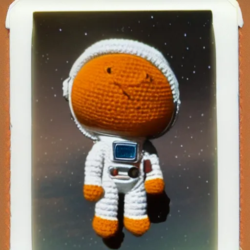 Image similar to polaroid of a cute toy crochete astronaut in real space