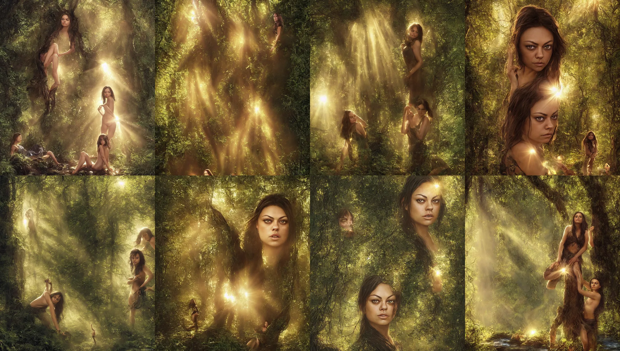 Prompt: big - eyed mila kunis biting her lip, sun - rays through canopy, gentle sparkling forest stream, sundown golden hour firefly wisps, focal length : 2 0 0. 0 mm, steve hanks, charlie bowater, mark brooks, steve henderson, justin gerard, mark keathley, victor nizovtsev, tom bagshaw, krenz cushart, ross tran