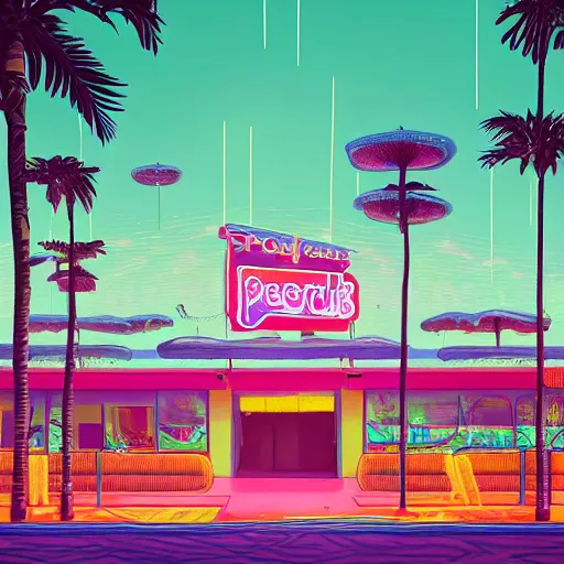 Image similar to inside psychedelic beachfront fast food restaurant with palm trees by simon stalenhag