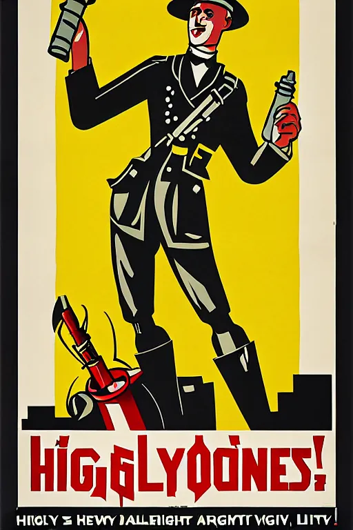 Image similar to fictional propaganda poster showing a man pointing to the left with artillery cannons behind him, artillery battery, highly stylized, high contrast, limited palette, 1 9 2 0 s