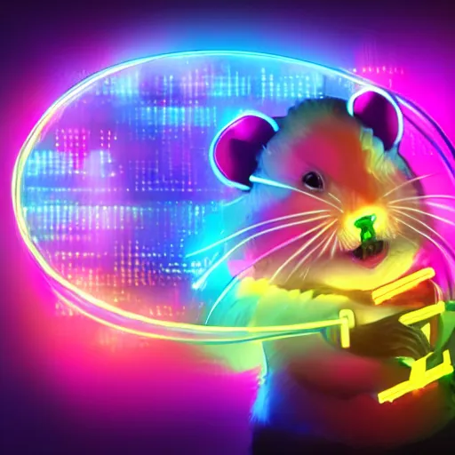 Image similar to cyberpunk hamster! holding rainbow! gem! crystal, neon lights, light reflection, 8 k, hd