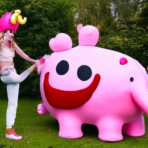Prompt: the leave brittany alone youtuber eating a house-sized hamburger while balancing on a thumbtack and wearing a pink elephant costume