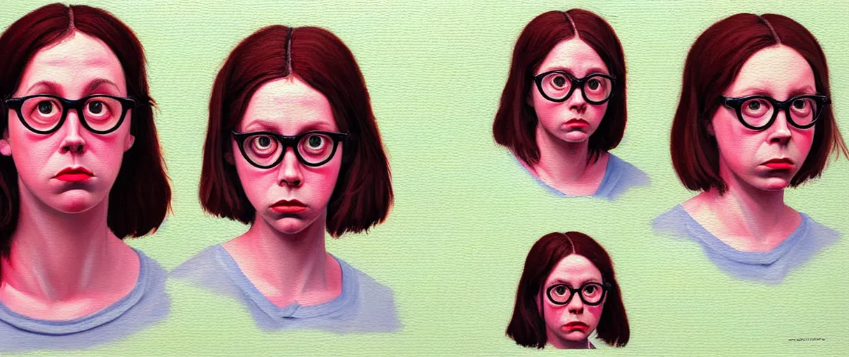 Prompt: colored oil painting character study of female todd solondz | vivid colors : storyboard, dramatic and emotional, concept design, realistic. by gabriel hardman, joe alves, j. todd anderson, chris bonura. cinematic atmosphere, detailed and intricate, perfect anatomy