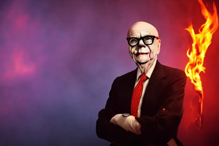 Prompt: Rupert Murdoch wearing glasses as The Joker, standing in hell surrounded by fire and flames and bones and brimstone, brilliant colors, color photo, portrait photography, volumetric fog and light, depth of field, bokeh