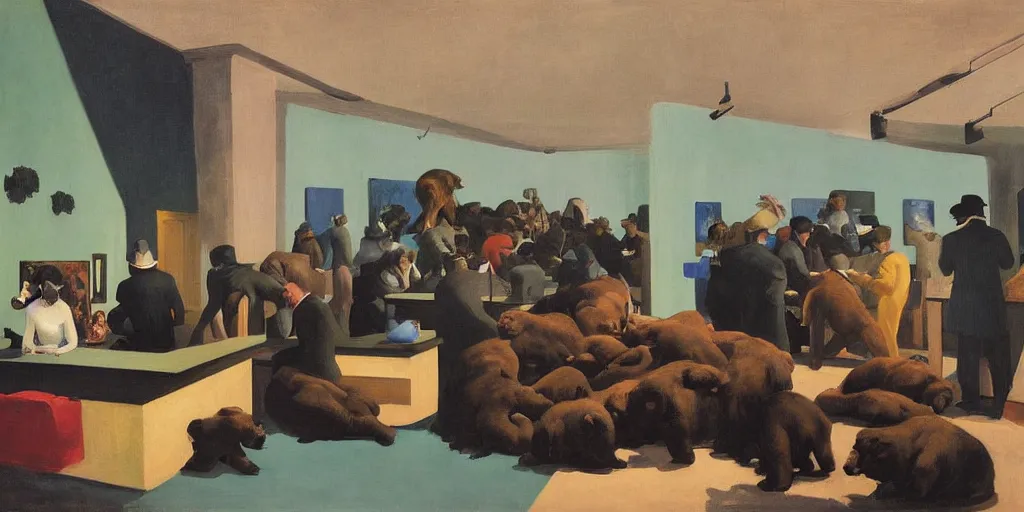 Image similar to painting, view from inside edward hopper's painting nighthawks, of a group of werebears inside a gallery, by magrirre, by neo rauch