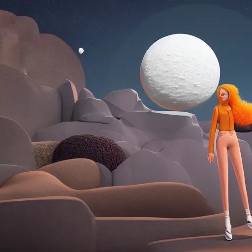 Image similar to a 3 d render of a cartoon giant moon, with 1 9 7 6 woman with floating hair, sci - fi clothes, fine facial features, beeple and james jean, aya takano color style, 8 k, super detailed, modern, 4 k, symmetrical