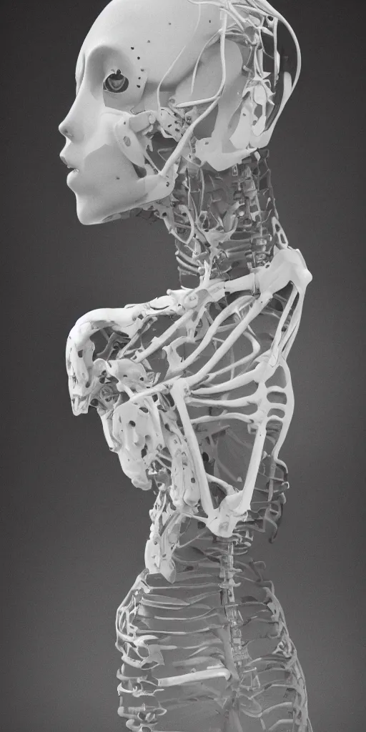 Image similar to black and white dreamy foggy smoky profile face portrait, single skeletal biomechanical beautiful young female cyclops - cyborg - robot bust, body ribs meshes,, volumetric light, rim light, by dora maar and cecile beaton, big gothic fashion pearl embroidered collar, 8 k