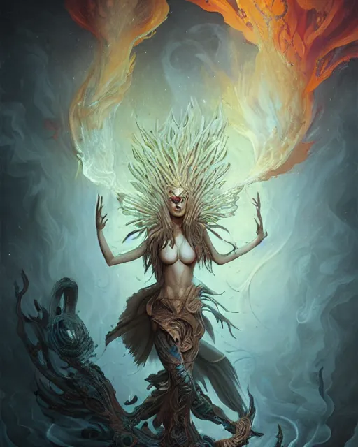 Image similar to liquid smoke and fire nicole aniston, autumn overgrowth, ancient relic archaic burning inscriptions, peter mohrbacher, artgerm, ross tran
