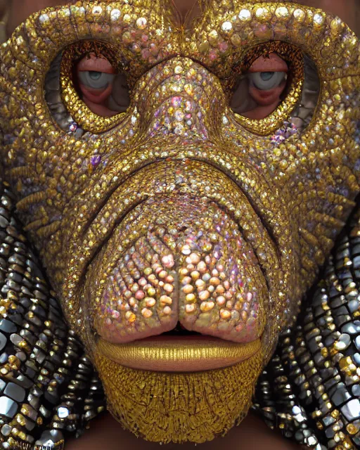 Image similar to a highly detailed metahuman 8 k close up render of a chimp renaissance in iris van herpen dress schiaparelli in diamonds crystals swarovski and jewelry iridescent in style of alphonse mucha gustav klimt trending on artstation made in unreal engine 4