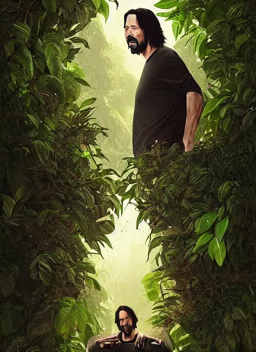 Image similar to highly detailed comedy caper movie poster with keanu reeves hiding in leaves, keanu reeves face inside a leafy bush by greg rutkowski