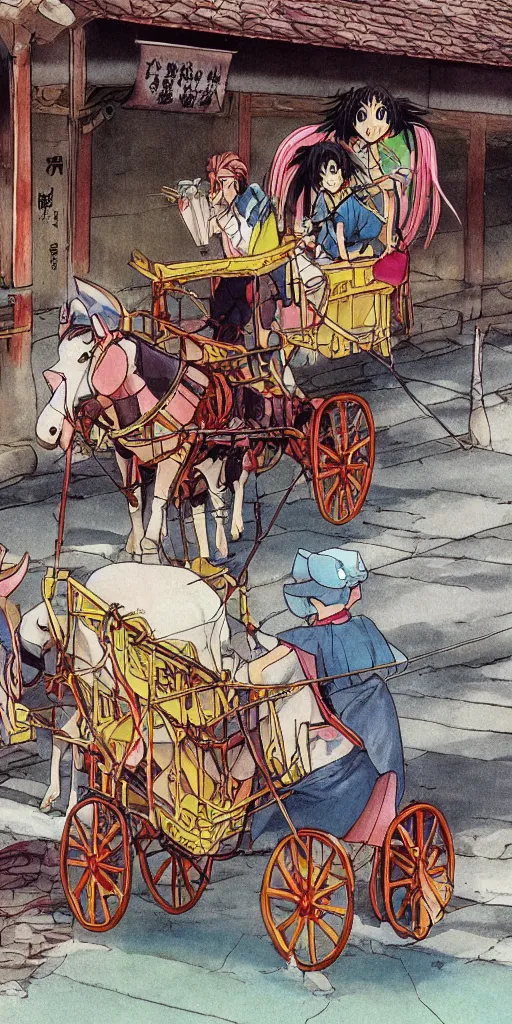 Image similar to a chariot drawn by horse in japan, 1990s anime, full color,
