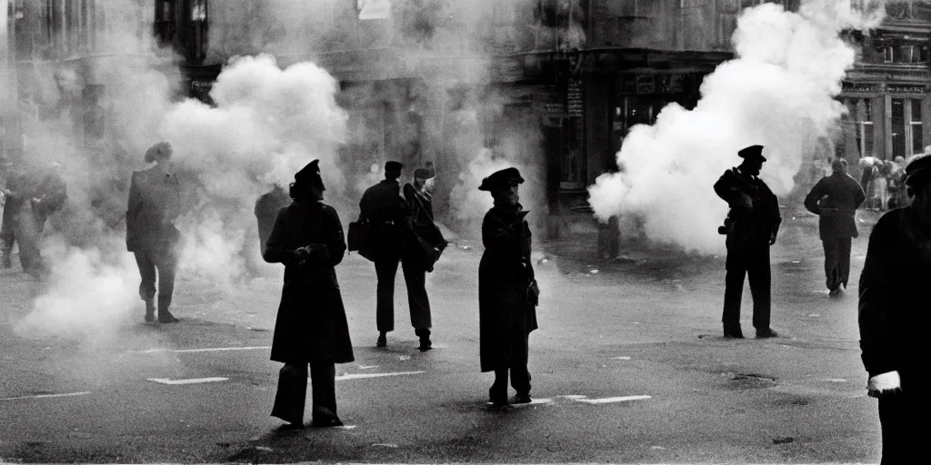 Image similar to street photo, war, revolution, smoke on the street, a lot of people, film photography, exposed b & w photography, christopher morris photography, bruce davidson photography, peter marlow photography