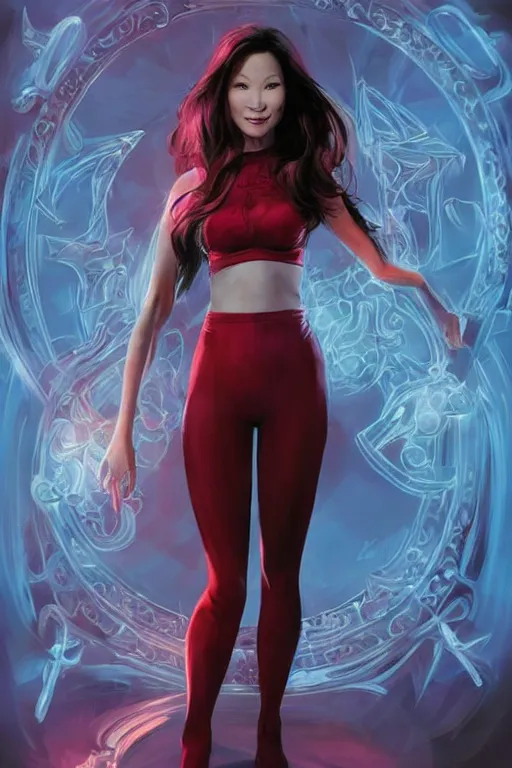 Image similar to frontal standing pose portrait of Lucy Liu as Sabrina the Teenager Witch, very beautiful young woman, straight hair, push-up underwire. Intricate, concept art, magic lighting overlays, magical portal opened, D&D!, fantasy style, sharp focus!, ultra detailed, art by Artgerm and Peter Andrew Jones, WLUP, Magali Villeneuve