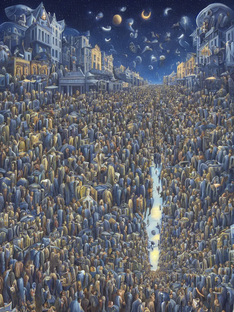 Image similar to A crowded street extending into the night sky, matte painting by Rob Gonsalves, in the style of Salvador Dalí, surrealism, magic realism, optical illusion art