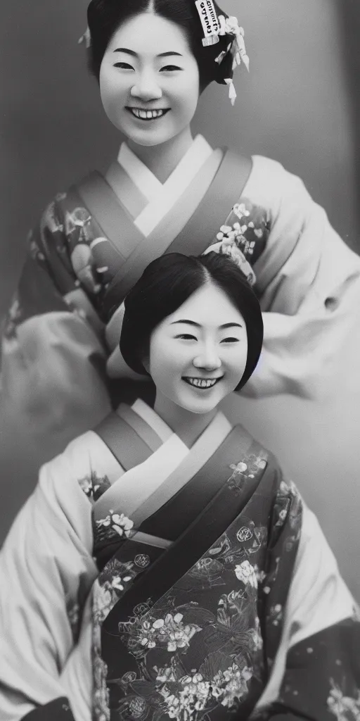 Image similar to A photo of young Japanese geisha smiling at camera and wearing T-shirt