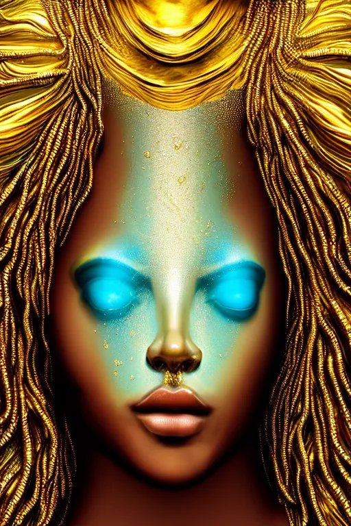 Prompt: hyperrealistic futurist whole body cinematic very expressive! translucent oshun goddess underwater scene, gold jewerly, highly detailed face, digital art masterpiece, smooth eric zener cam de leon, dramatic pearlescent turquoise light on one side, low angle uhd 8 k, shallow depth of field