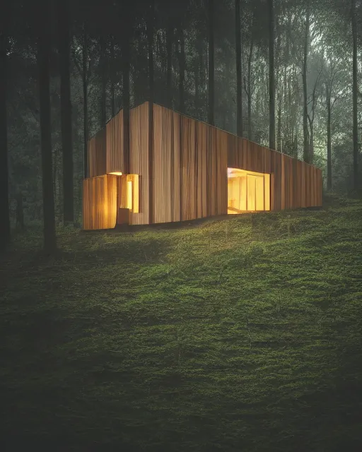 Image similar to an exquisite wooden house in the middle of a lush forest, minimalist design, architectural photography, dark and dim lighting, beautiful, tranquil, moody, cinematic, fantasy, 3 5 mm lens, volumetric lighting, first person view, photographic render, hyper realistic